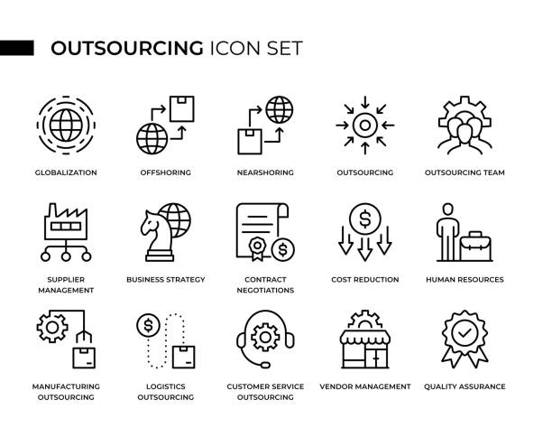 Outsourcing Concept Thin Line Icon Set contains such icons as Offshoring, Supply Chain, Contract, Cost, Manufacturing, Logistics, and so on Outsourcing Editable Stroke Line Icons. Pixel Perfect. 32x32 px width. Black color thin line vector icons. manufacturing sourcing stock illustrations