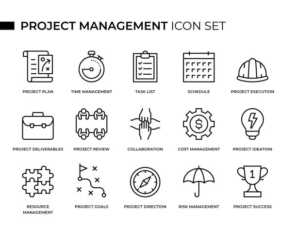 ilustraciones, imágenes clip art, dibujos animados e iconos de stock de el conjunto de iconos de línea delgada del concepto de gestión de proyectos contiene iconos como plan de proyecto, gestión del tiempo, lista de tareas, programación, colaboración, gestión de costes, gestión de riesgos, etc - planificación