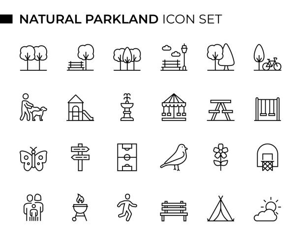 das natural parkland concept thin line icon set enthält symbole wie öffentlicher park, spielplatz, wald, parkbank, springbrunnen, laufen, sportplatz und so weiter - parkbank stock-grafiken, -clipart, -cartoons und -symbole