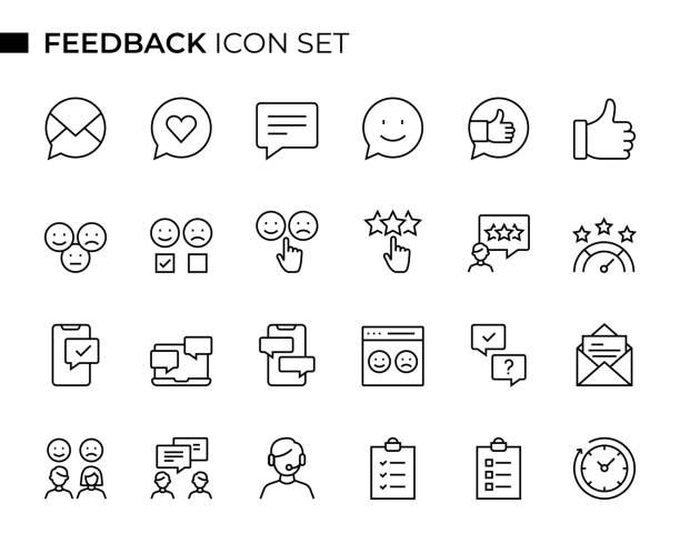 stockillustraties, clipart, cartoons en iconen met feedback concept thin line icon set contains such icons as testimonial, survey, questionnaire, satisfaction, comment, performance, and so on - tevredenheid
