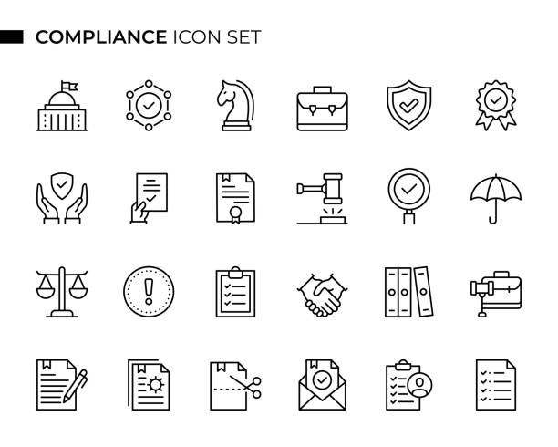 Compliance Concept Thin Line Icon Set contains such icons as Government, Approve, Requirements, Legal System, Contract, Strategy, Instructions and so on Compliance Concept Editable Stroke Line Icons. Pixel Perfect. 32x32 px width. Black color thin line vector icons. obedience stock illustrations