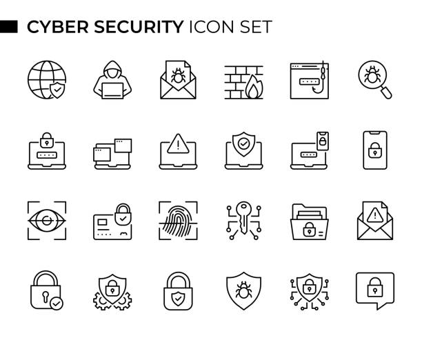 cyber security concept thin line icon set enthält symbole wie cyberkriminalität, hacker, firewall, phishing, computervirus, digitale authentifizierung, spyware, passwort, verschlüsselung und so weiter - identitätsdiebstahl stock-grafiken, -clipart, -cartoons und -symbole