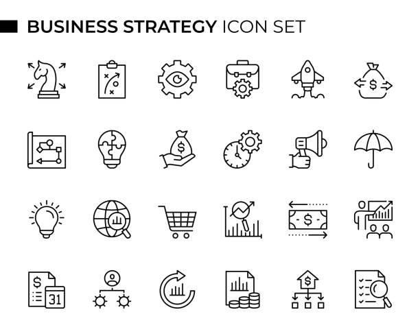 stockillustraties, clipart, cartoons en iconen met business strategy concept thin line icon set contains such icons as strategy, planning, business process, new business, expenses, flow chart, innovation, investment, efficiency, marketing, risk management, and so on - bedrijfsproces