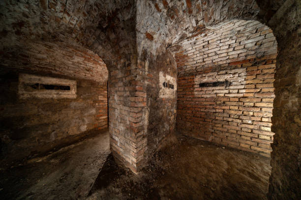 Terni, Umbria, Italy - April 17, 2024: Anti-aircraft shelter in the center of the city, characterized by clear signs created by the Military Engineers for the escape routes