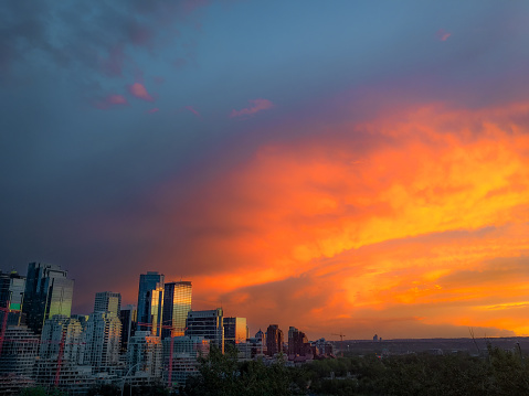 Incredible sunset over downtown Calgary, which is always under construction here. Calgary is known for being near the Canadian Rockies and hosting the famous Calgary Stampede Rodeo Festival.