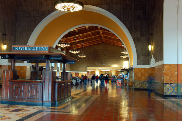 Los Angeles, CA, USA February 19 An information booth stands near the entrance to the historic Union Station and train depot and Metro stop in Los Angeles