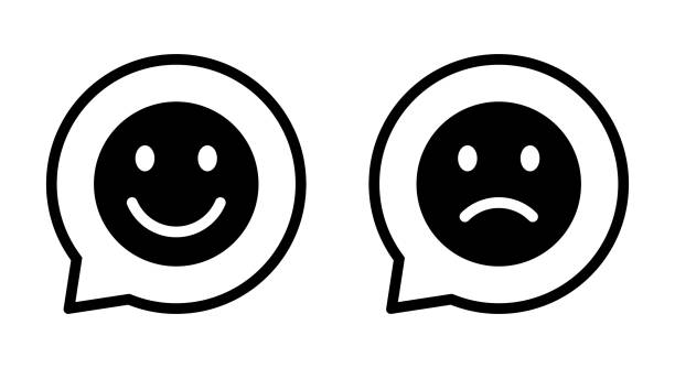 Happy and sad face emoji icon on speech bubble line Happy and sad face emoji icon on speech bubble line. Smile and gloomy sign symbol sadness stock illustrations