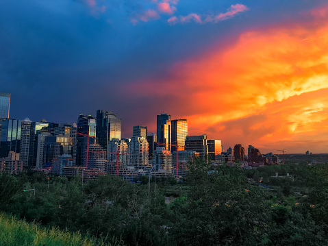 Incredible sunset over downtown Calgary, which is always under construction here. Calgary is known for being near the Canadian Rockies and hosting the famous Calgary Stampede Rodeo Festival.