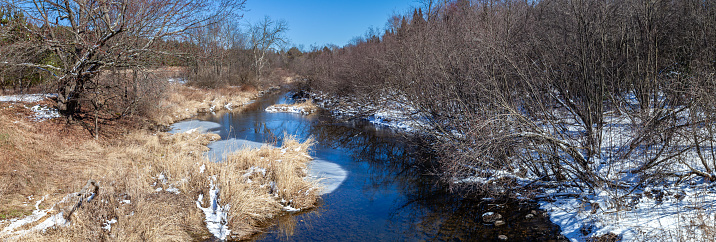 Wisconsin stream and  forest with a little snow, panorama