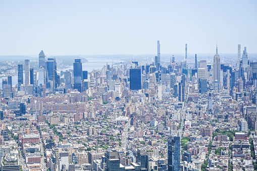 Aerial view of modern skyscrapers buildings of Manhattan, New York City, New York State, USA.