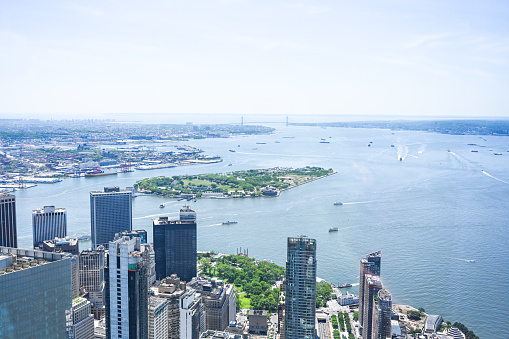 Elevated view of New York City. Downtown, Hudson River. Helicopter view.