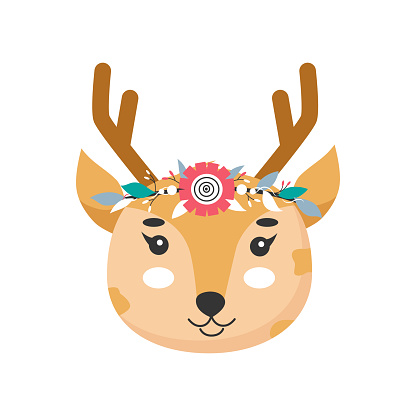 Deer head with flower crown. Cute Vector illustration for children design, poster, birthday greeting cards.