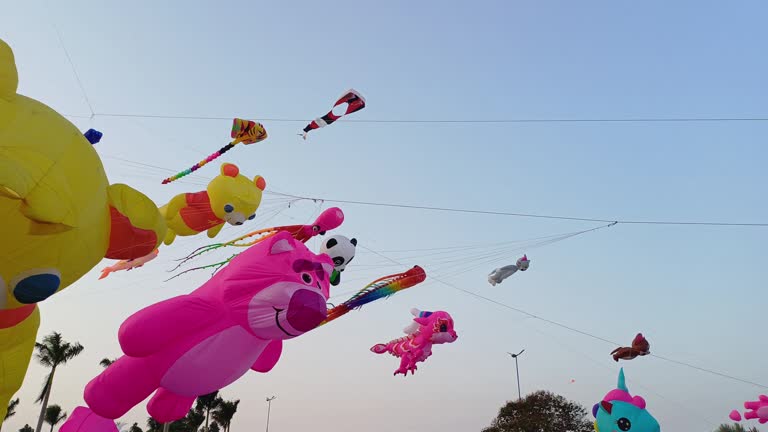 Can Tho, Vietnam - March 23, 2024: Big balloon kites flying in the clear sky at Can Tho city, Vietnam.