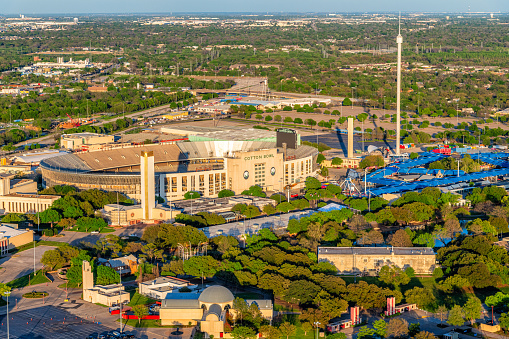 Dallas, United States - March 28, 2024:  The Cotton Bowl Stadium located in Dallas, Texas shot via helicopter from an altitude of about 400 feet.