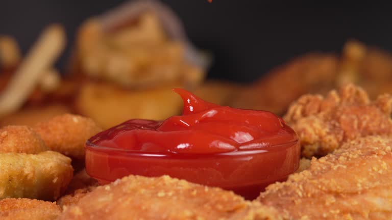 Hand dips crunchy chicken nugget into tomatoes sauce in macro. Footage for advertise fast food, takeaway junk food, roadside cafe, supermarket display, food truck, street food
