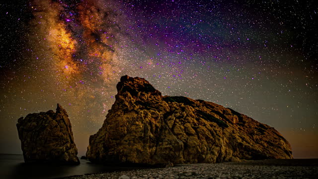 Timelapse of Milky Way over the seashore - Timelapse of shooting stars comets Milky Way galaxy in endless space