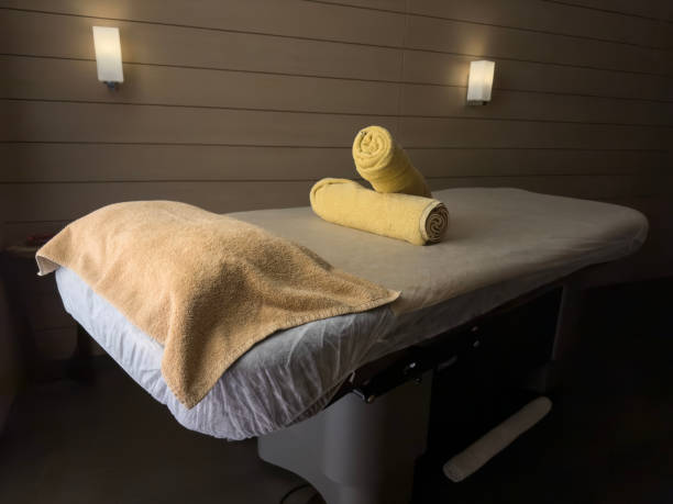 istock Towels on massage table in spa salon 2149326481