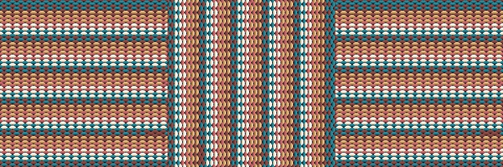 This seamless vector pattern features overlapping chevron shapes in warm earthy tones like brown, rust, beige and teal. The retro diamond motif creates an eye-catching mid-century modern vibe. Perfect for nostalgic textile prints, wallpaper backgrounds, branding or designs needing a timeless vintage aesthetic.