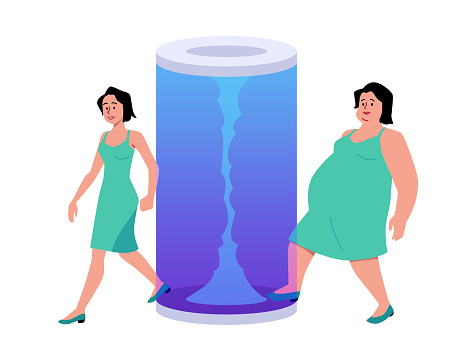 A transformative teleportation journey. Vector illustration showing a woman stepping through a futuristic portal and emerging with a significant change, suggesting personal growth or change.