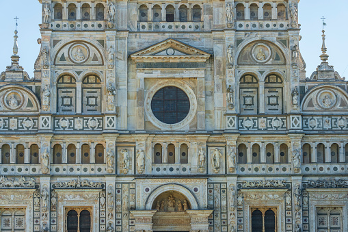 Close up of Certosa di Pavia monastery, details of the entrance facade of the church,Pavia,Italy