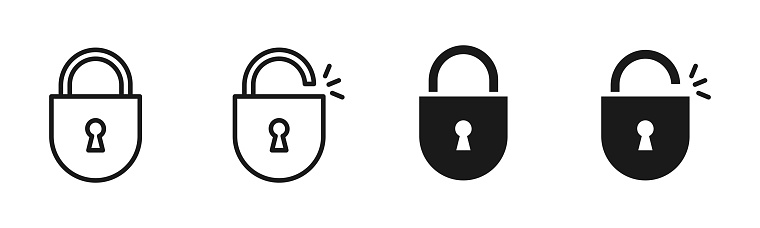 Lock or padlock vector icon set. Security protection keyhole sign. Safety password confidential symbol. Privacy access or permission isolated illustration. Line, outline, filled black web buttons.