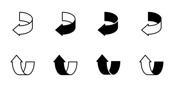 pfeilecken-symbolvektor drehen. richtungssymbol. gebogener navigationspfeil. zurück, rückwärts, aufwärts, unten, oben, links, rechts kreisförmiges zeichen. zeiger zurückgeben. bewegungs-illustration. - buchseite stock-grafiken, -clipart, -cartoons und -symbole