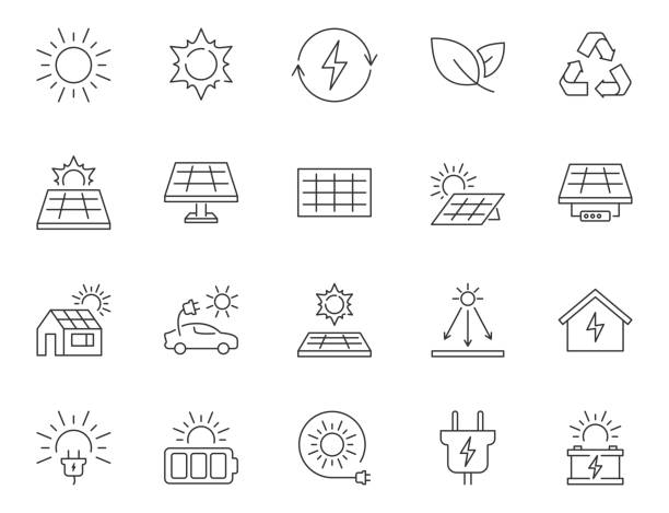 ilustraciones, imágenes clip art, dibujos animados e iconos de stock de conjunto de iconos de energía solar. logotipo de paneles solares. iconos de energías alternativas o renovables. ilustración de la energía de la luz solar para la batería eléctrica doméstica. - energía solar