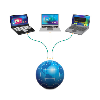 Three laptops are connecting to the internet. Global network connection. 3D vector Illustration.