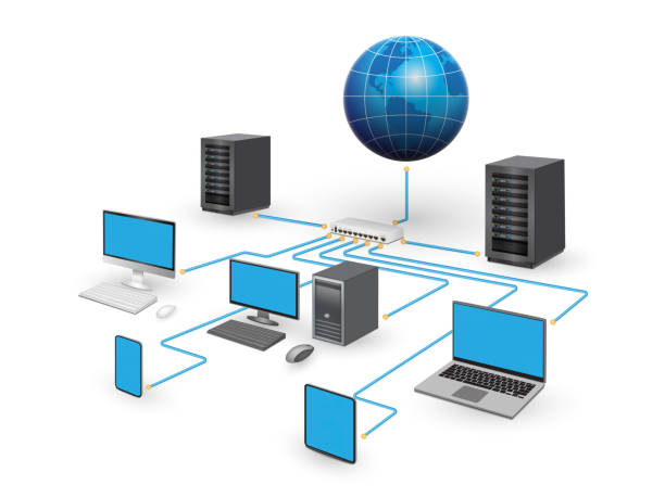 schemat 3d sieci lan. - wtyczka sieciowa stock illustrations