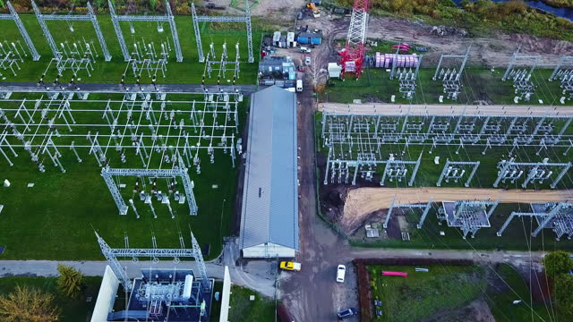 Large electrical power substation transmission, transformer, and distribution center - aerial