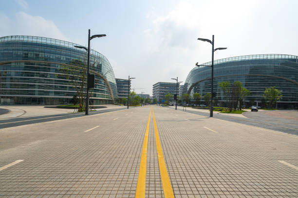 Empty paths and modern office buildings in science and technology parks， Chongqing, China