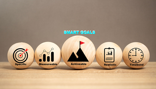 concept of smart goal, Business and SMART symbol on the Wooden ball  with words 'SMART, specific measurable achievable realistic timely. The strategy development creativity for success company.