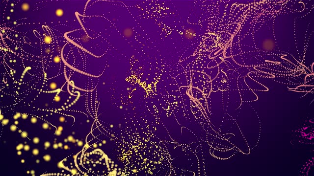 Flow of glowing particles with colorful trails and lens flare on dark background animation