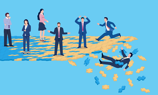 Man falling from beat puzzle, symbol of failure and collapse, vector business illustration