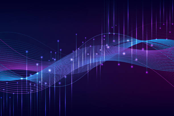 Abstract technology background with light effect Dots and lines penetrate upward through particle trajectory network technology and speed sense background flowing stock illustrations
