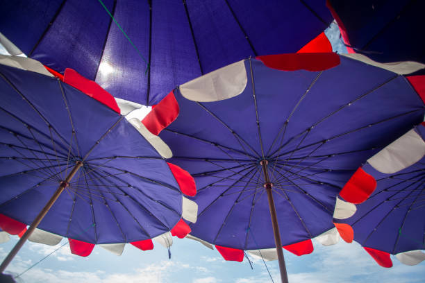View from below blue umbrella outdoors with clear blue sky.