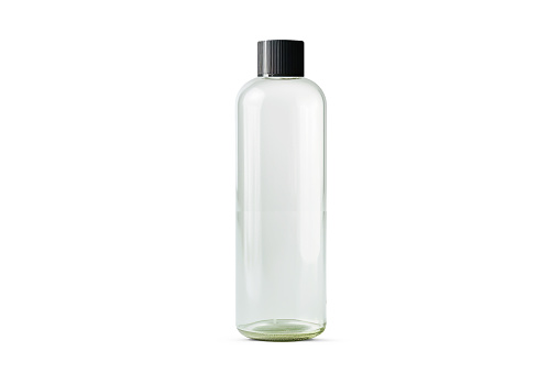 Shampoo bottles set on white background, transparent bottle. 3D illustration.