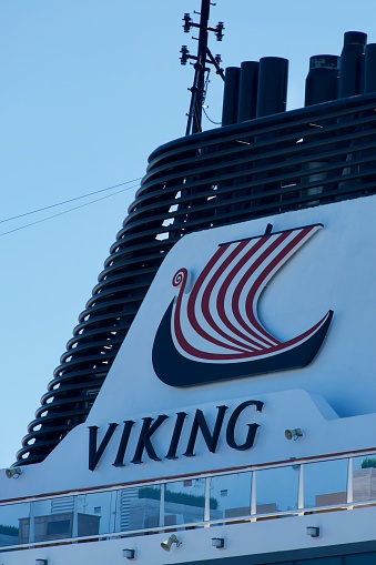 Long Beach, CA / USA - 8/27/2019: A close-up view of the port side Queen Mary lettering and anchor of the Queen Mary sailing ship in Long Beach, CA