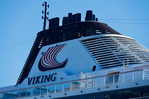Norfolk, Virginia, USA - April 14, 2024: Close-up of the funnel on a Viking cruise ship docked at the Half Moone Cruise and Celebration Center on the Elizabeth River in downtown Norfolk.