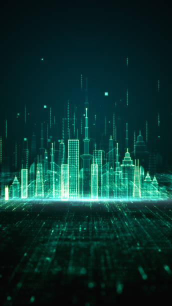 istock Digital cityscape abstract background, Abstract visualization of a cityscape rendered in neon green digital lines, Smart city technology and urban data networks. 3d rendering 2149336898