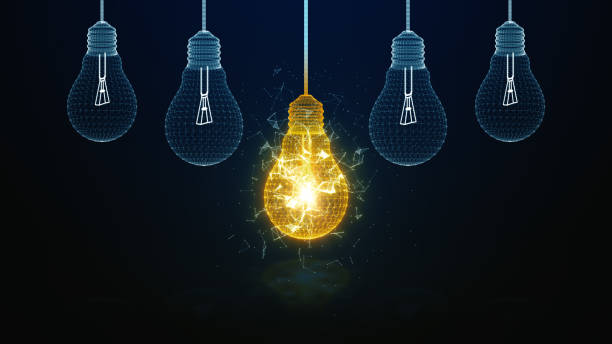 istock Creative idea concept bright and glowing light bulb stands out among unlit wireframe bulbs against a dark background.	3d rendering 2149336921