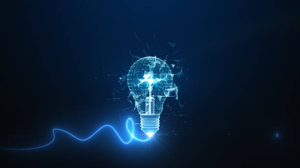 istock Wireframe light bulb with energy wave, Digital light bulb concept on a dark blue background, depicting innovation and technology, Creative idea concept. 3d rendering 2149336931