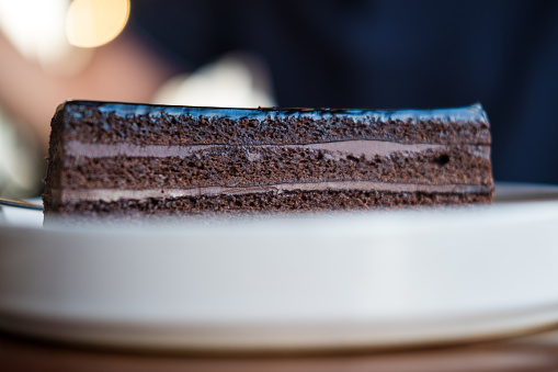 Chocolate cake. Piece of layered dessert with Chocolate cream. Selective focus