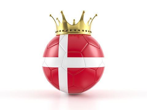 Denmark flag soccer ball with crown on a white background. 3d illustration.
