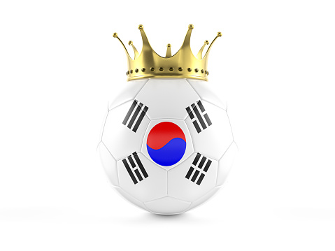South Korea flag soccer ball with crown on a white background. 3d illustration.