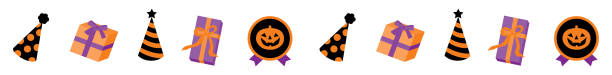 istock Halloween icons set of gift boxes with ribbons, bows and party hat. 2149342535