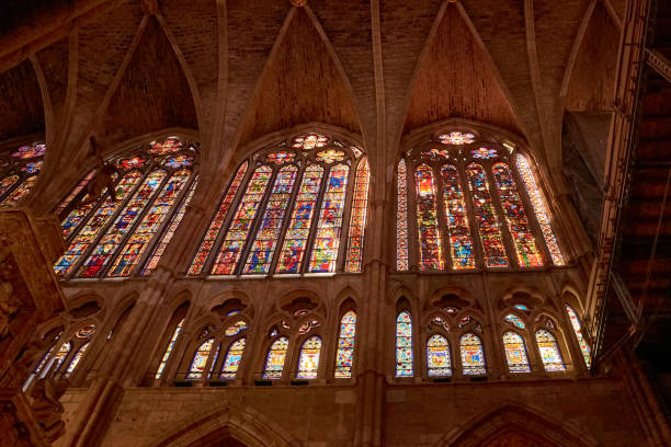 Leon, Spain; September,11,2022: Medieval glasswork in the Cathedral of Leon. Leon. Spain