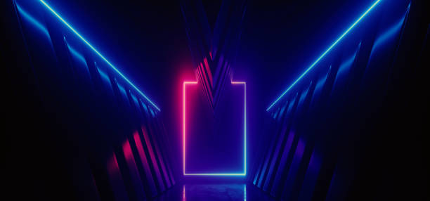 istock Neon Laser Sci Fi Futuristic Alien Spaceship Metal Reflective Corridor Tunnel Rectangle Frame Glowing Purple Blue Cyber Synth Warehouse Garage Underground Vibrant Background 3D Rendering 2149345450