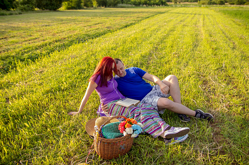A young couple enjoying in picnic on the meadow in the nature. Relationship, love, nature, activity