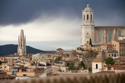 Cathedral building in city of Girona. Cloudy day and local architecture